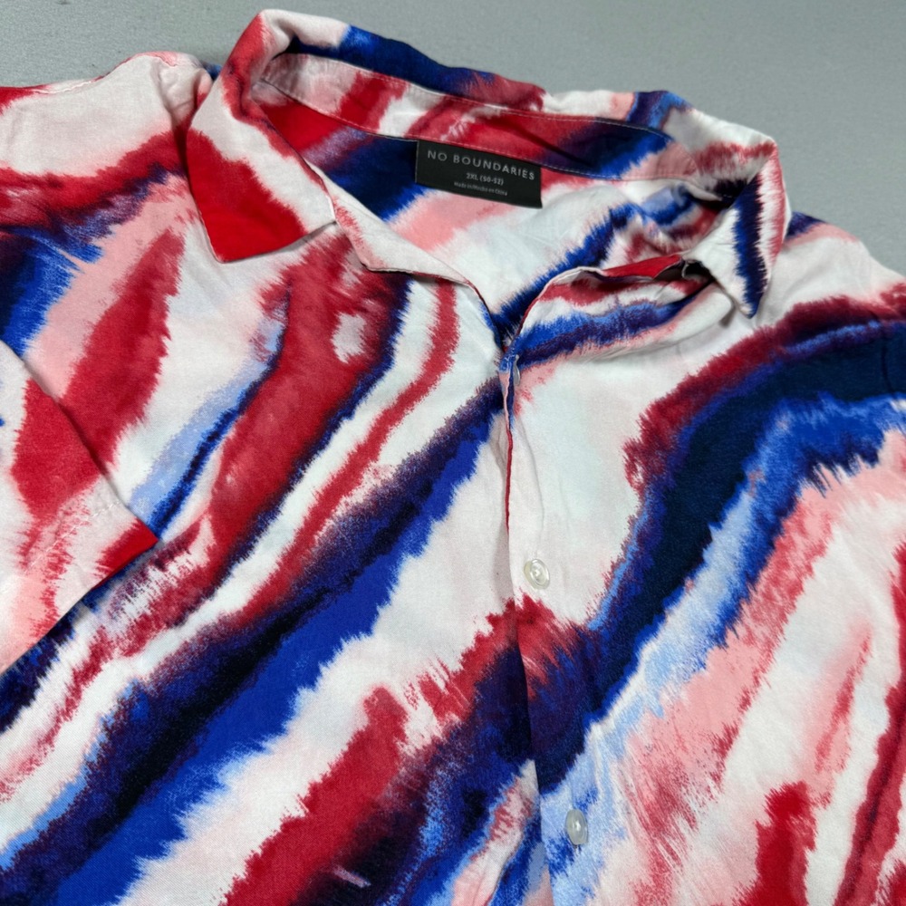 No Boundaries Mens 2XL Red White Blue Tie Dye Rayon Short Sleeve Button Down Srt